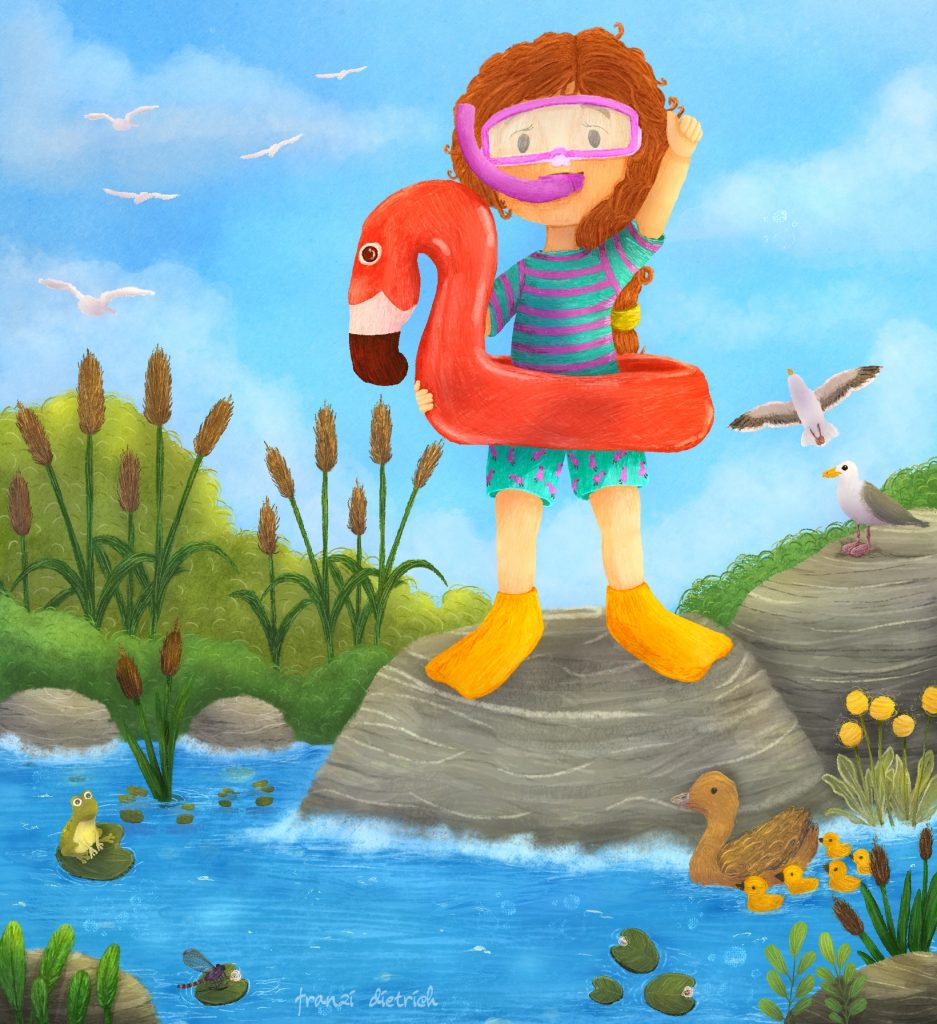 A summer DTIYS illustration with a grild ready to scuba dive drawn by me